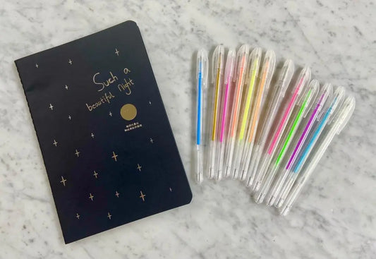 Libreta Hojas Negras + 12 Lápices Neon Fluor Punta Fina