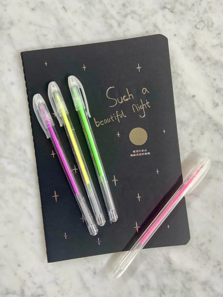 Libreta Hojas Negras + 12 Lápices Neon Fluor Punta Fina