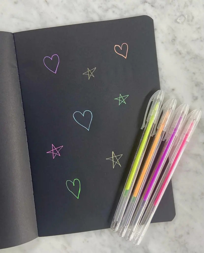 Libreta Hojas Negras + 12 Lápices Neon Fluor Punta Fina