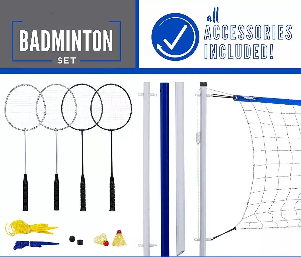 Set De Bádminton: 4 Raquetas Acero + 2 Plumas + Red + Bolso