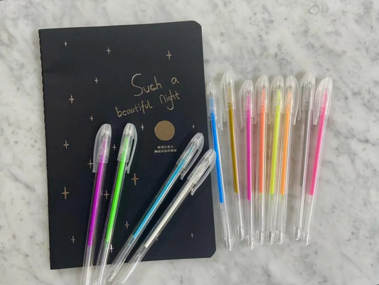 Libreta Hojas Negras + 12 Lápices Neon Fluor Punta Fina