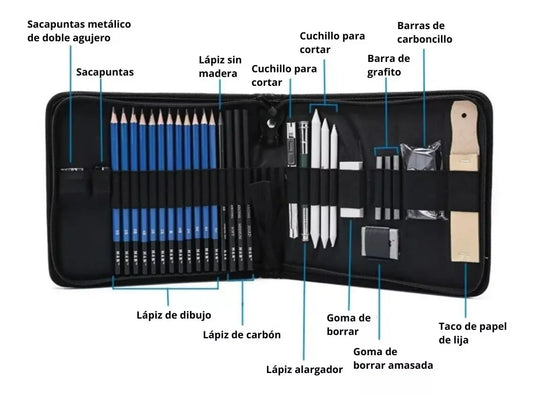 Kit De Dibujo Profesional 32 Piezas Estuche Set Lápices